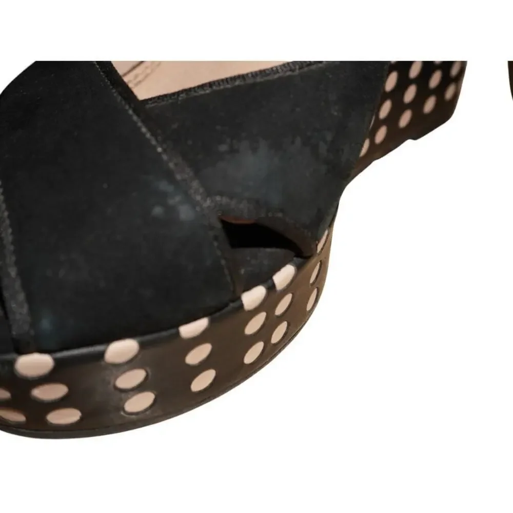 Tory Burch Ollie Black Suede Polka Dot Wedge Sandals Women’s 6.5M Made in Brazil